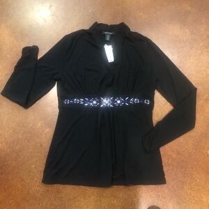 White House Black Market Black Long Sleeve Embellished Waist Blouse